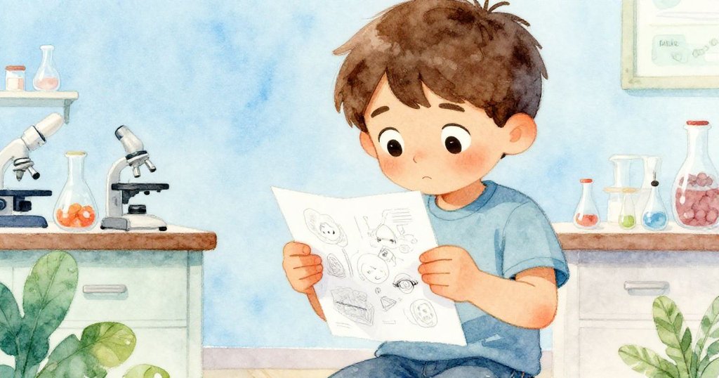 米羅聚精會神地拿著記錄實驗計畫的小筆記本，手部細節清晰，顯示出他準備實驗時的專注與期待。