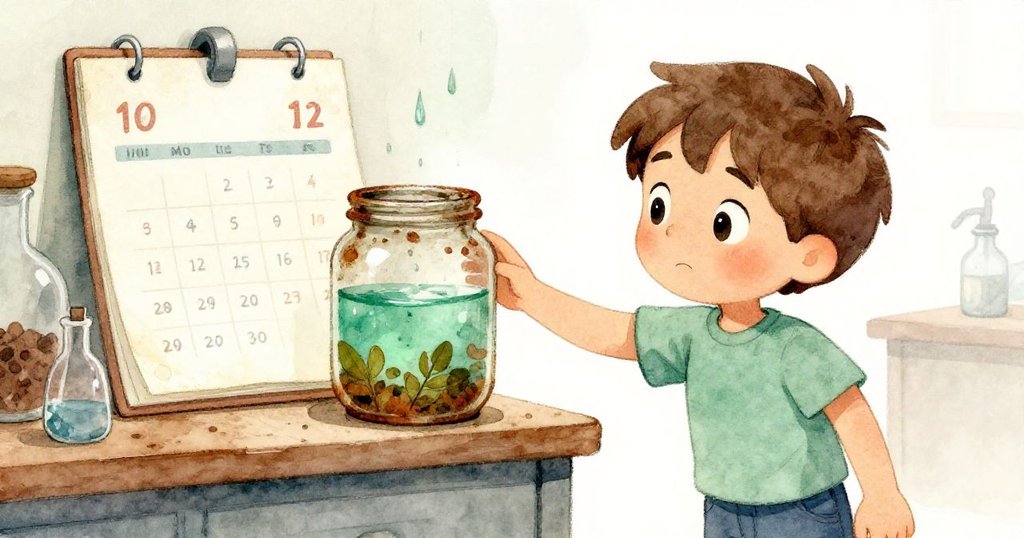 米羅在滿是舊物的實驗室架前發現遺忘的雨水罐，小心地撥開褪色的日曆，展現出驚喜與求知慾。