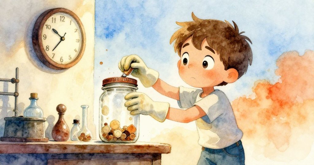 米羅在剩餘時間內迅速更換試劑，戴著橡膠手套操作著罐子，身後老舊時鐘急促滴答，展現出截稿前的緊迫與決心。