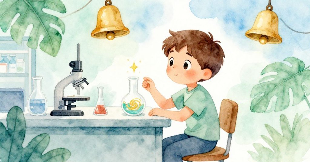 米羅站在實驗桌前，滿臉驚喜與平靜地看著金色漩渦閃耀的試劑，象徵著經歷緊張追逐後的成功與安寧。