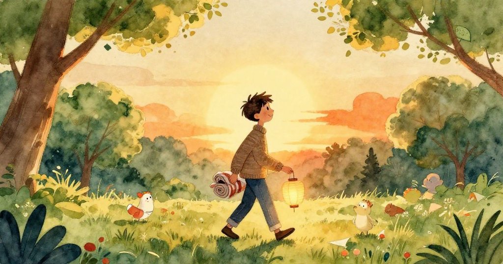 米洛在夕陽下的公園中行走，手裡捧著捲起的毛毯與紙燈籠，背景橙光燦爛，充滿期待與溫暖