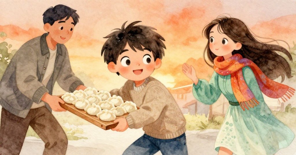 莉莉拉急匆匆地穿過人群，手握裝滿熱騰騰餃子的木托盤，臉上流露出驚慌與安心的情緒