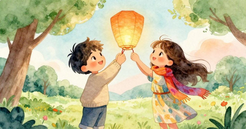 米洛與莉莉拉正合作用細絲帶修整紙燈籠，背景呈現輕微扭曲效果，營造出神奇而溫馨的氣氛