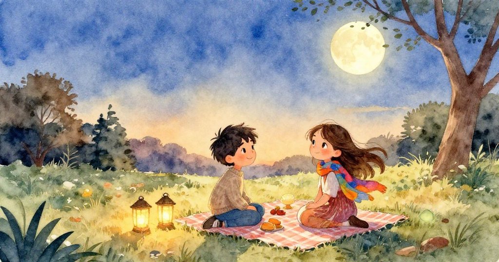 公園從夕陽的金黃過渡到月夜的靜謐，燈籠閃爍著微光，豐收月高懸，米洛與莉莉拉靜坐享受這段美好時光