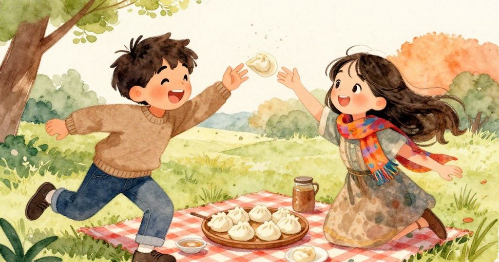 米洛與莉莉拉在同時伸手取餃子時差點相撞，臉上表情既驚訝又喜悅，增添了聚會的輕鬆氣氛