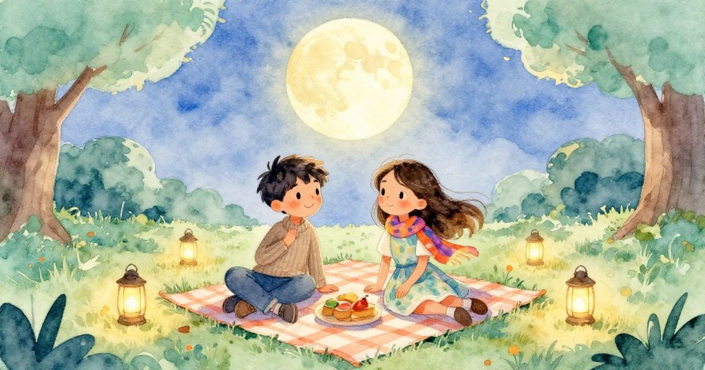 米洛與莉莉拉在月光下靜坐，周圍藍綠燈籠柔和閃爍，伴著寧靜音樂，營造出圓滿結局的和諧氣氛