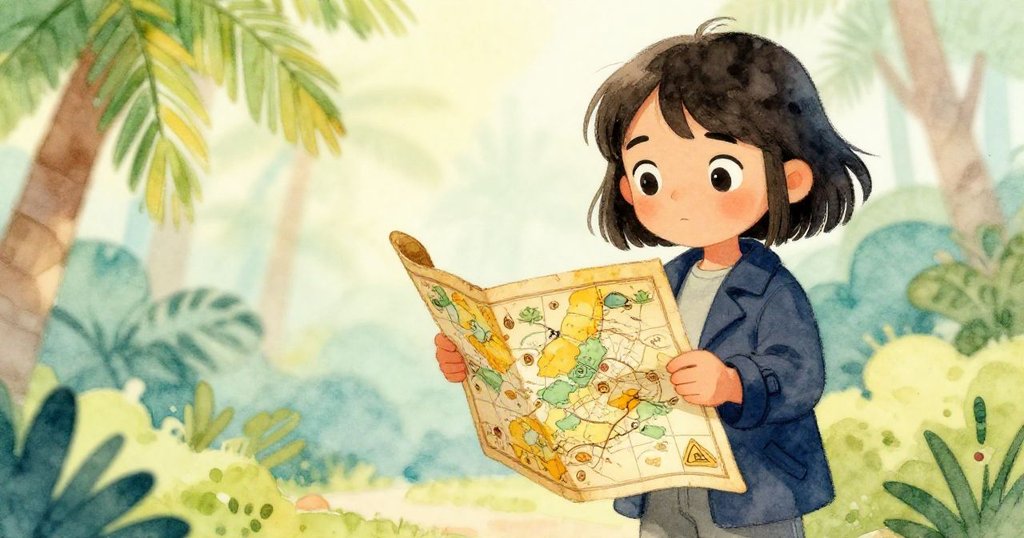 Marin專注地查看手中的地圖近照，眼神裡帶著好奇與期待，展示精緻細節。