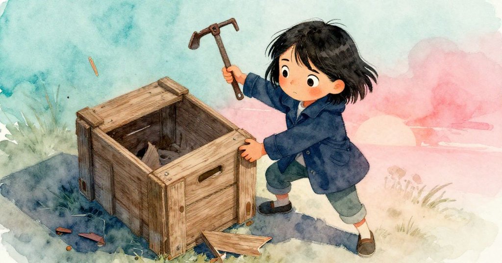 從高處俯視，Marin正努力用舊鐵撬棒撬起箱子，周圍木板老舊，情緒堅定。