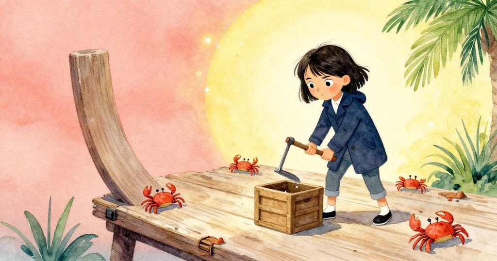 神秘場景中，折斷的木板和小蟹散落，Marin試圖再次撬開箱子，畫面帶點超現實感。