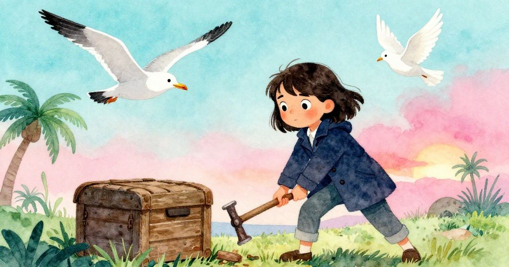 Marin與古老箱子互動，同時附近海鳥環繞，畫面動感豐富，增添冒險氣氛。