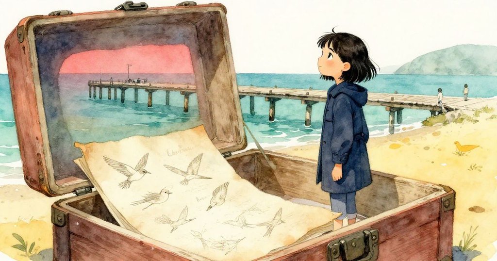 開啟的箱子露出描繪飛鳥的羊皮紙，Marin滿懷希望眺望遠方，故事仍在繼續。