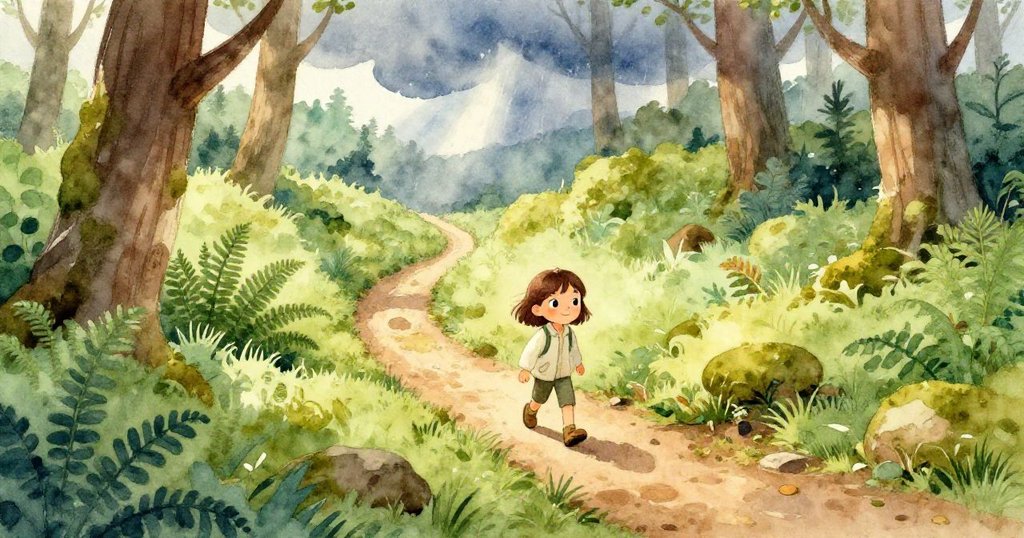 米婭行走在覆滿青苔的林徑中，遠山低垂風暴前夕，天空透著晨金與嫩綠色，顯現冒險開始。