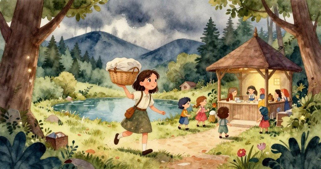 米婭的手穩穩握著籃子，籃子上方輕霧繚繞，透出溫暖鬆餅，細膩描繪旅程中珍貴物品。