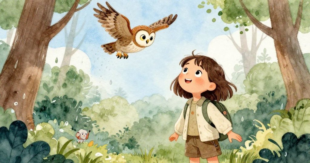 米婭仰視天空，臉上流露驚奇之情，一隻貓頭鷹振翅飛起，雨點飛濺林間，展現緊急瞬間。