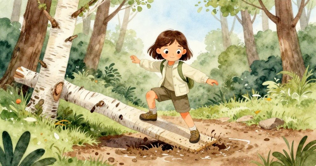 米婭在狹窄林徑上發現倒下的樺樹搭成的斜坡，她動作靈活，神情堅毅，展現巧妙渡過泥濘的勇氣。