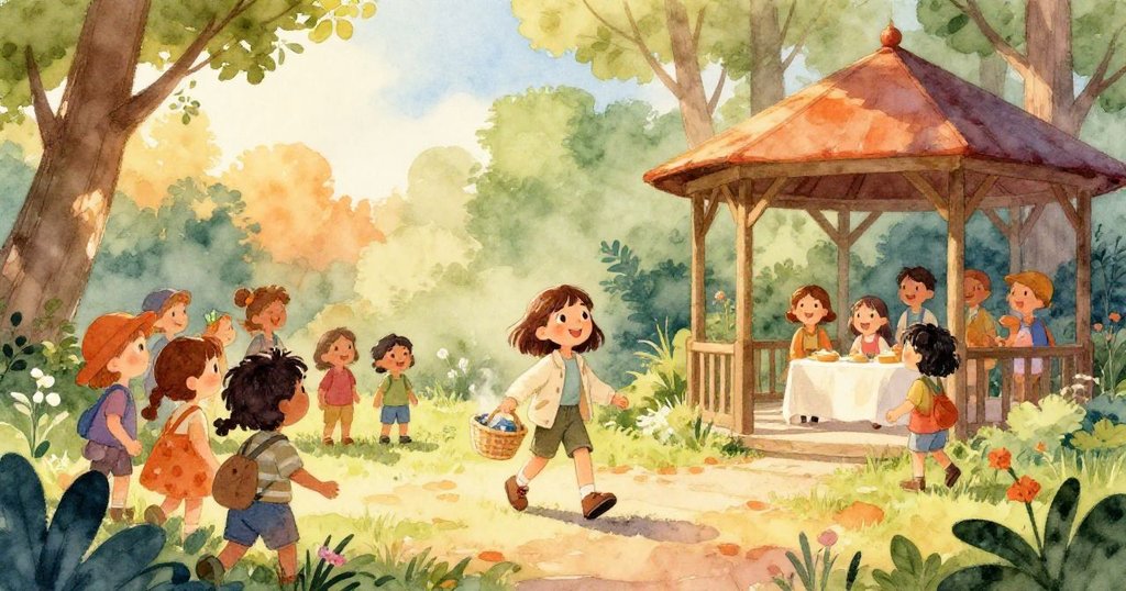 米婭帶著冒著蒸氣的籃子抵達涼亭，工藝社朋友歡迎相聚，背景天空放晴，暖光灑落展現終章和煦喜悅。