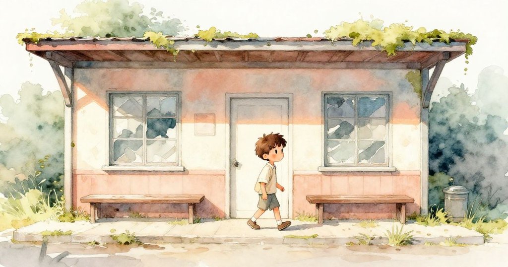 雷昂在斜陽照射下走進滿佈苔蘚和破損窗戶的老車站，神情充滿好奇與期待。