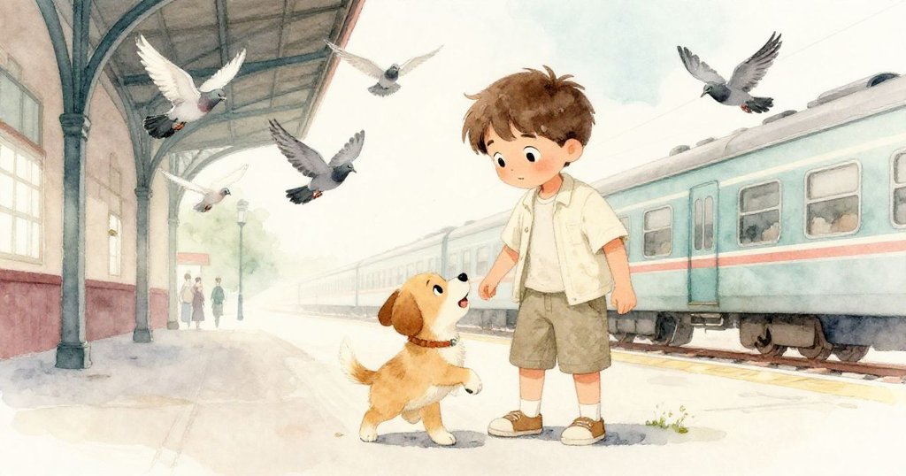 雷昂行進間，小狗歡快地圍繞他奔跑，鴿子在破舊月台上空自由飛翔，場景充滿活力。