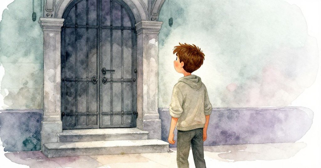 雷昂走到通往鐘樓的階梯前，凝視著充滿歷史感的鐵門，眼中充滿探索與堅定。