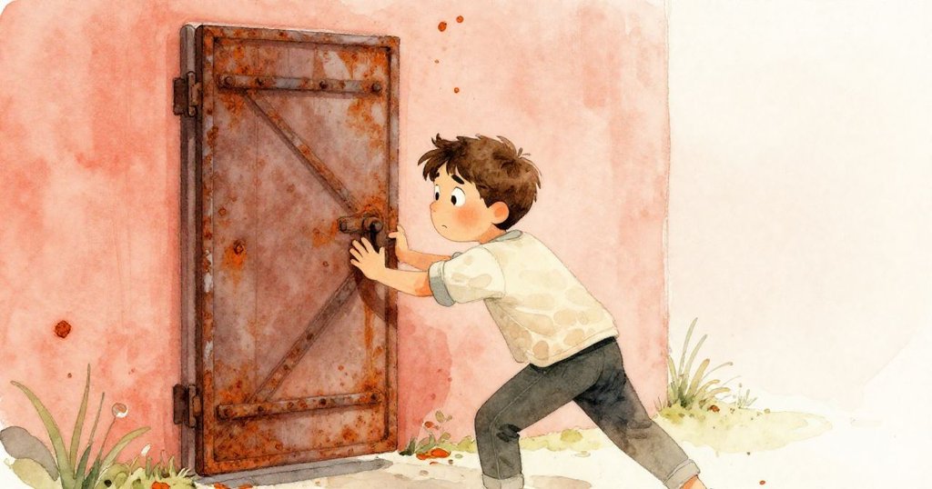 雷昂奮力推動沉重的鐵門，橙色銹片飛散，瞬間散發出緊張與轉變的懸疑感。