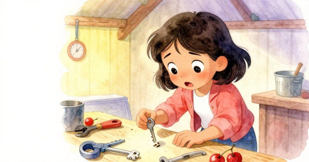 瑪雅近景露出驚訝表情，認真檢查工作台上放置齒輪，流露出焦慮卻堅定決心。