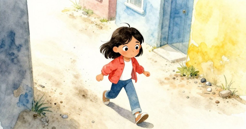 從高空視角俯瞰瑪雅穿越廢棄小巷，細碎塵埃隨腳步飛揚，展現孤獨與堅毅挑戰。