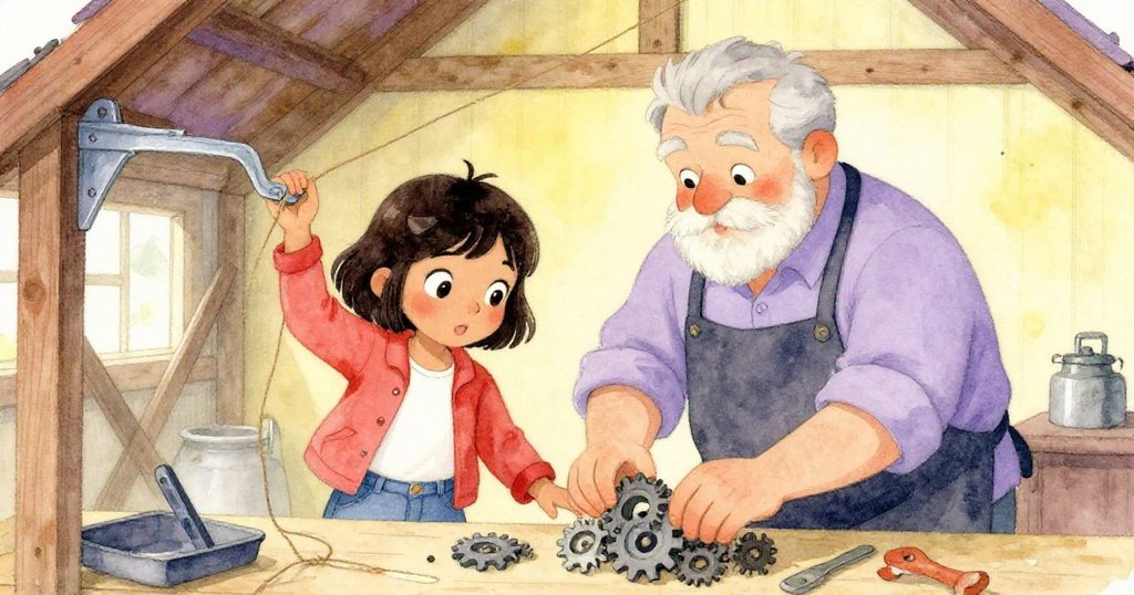 瑪雅與拉莫斯先生在工具棚內協作整理齒輪零件，溫暖光線映照出修復過程中的默契與努力。