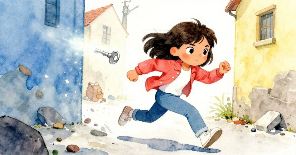 瑪雅全速奔跑在小巷中搜尋失落的銀色開鎖匙，堅定眼神映出追求修復鐘樓的熱忱。