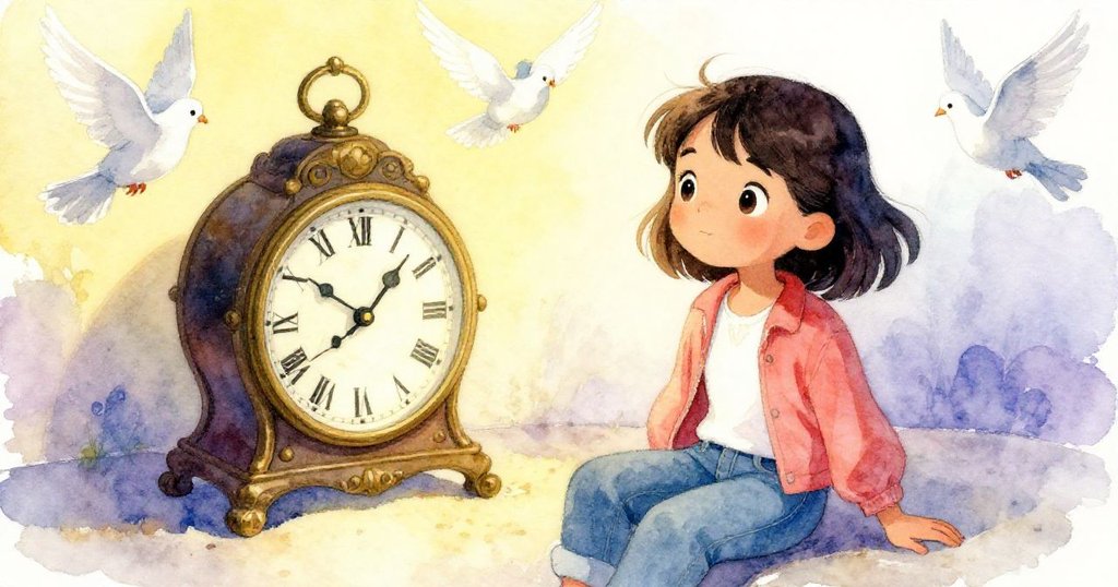 夕陽餘暉下瑪雅靜坐在恢復運轉的鐘樓旁，面帶滿足微笑，展現修復成功後的平靜與喜悅。