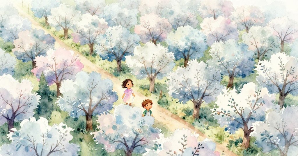 瑪雅手持籃子與艾略特同行於廣闊果園中,樹行整齊午後光影中展現探險啟程情景。