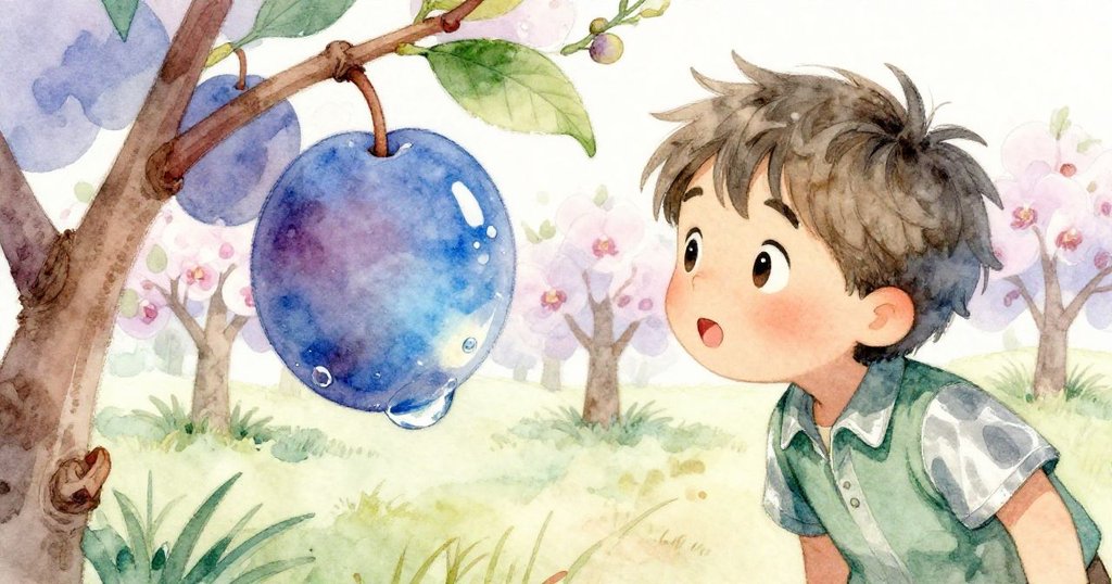 艾略特專注凝視李子上水滴映出藍天果園,展現出對大自然細膩美感的驚奇瞬間。