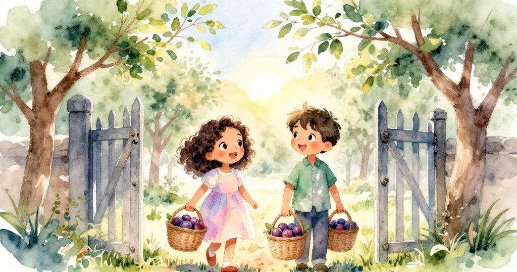 瑪雅與艾略特滿籃李子並肩走向果園門,夕陽映照下臉上洋溢著溫暖笑容,告別探險旅程。