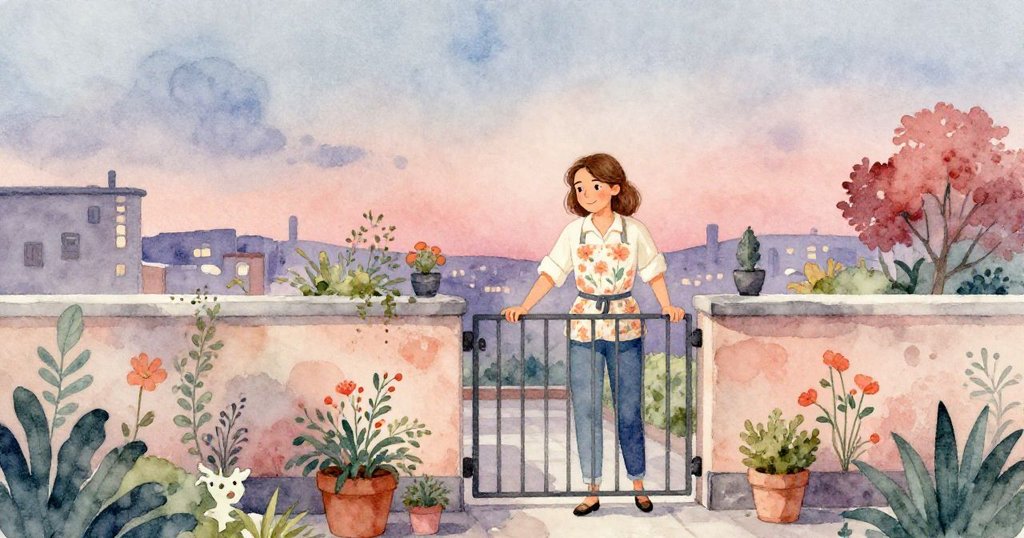 Carla於晚霞映照下按開金屬大門，走進爛漫屋頂花園，滿懷期待與柔和氛圍，展開故事開端