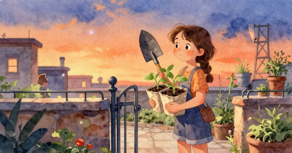 Carla專注地用小鏟扶著番茄幼苗，雙手細緻操作土壤，展現園藝創作細節與溫柔心情