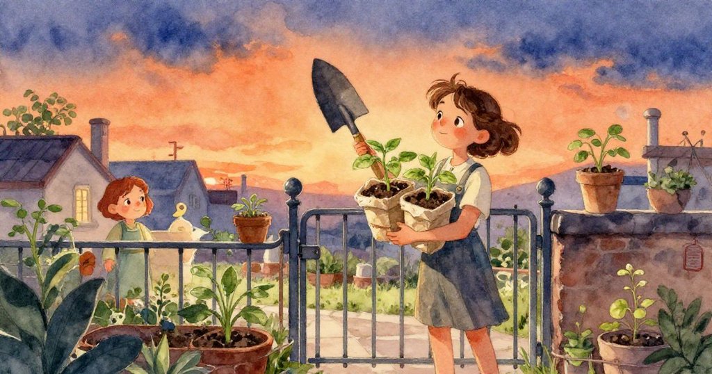 另一名園丁在陳舊樓梯間擺放澆水壺與檢查生鏽溫度計，空間溫暖帶有故事感，展現勤勞情景