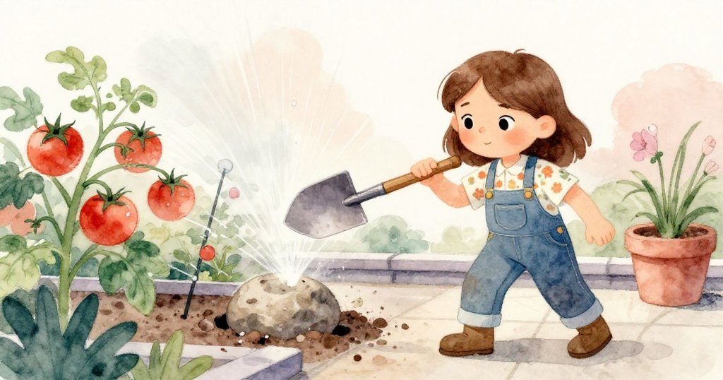 Carla驚訝見工具撞擊隱藏石頭，番茄叢中水霧噴發，瞬間營造出緊張戲劇性的場景