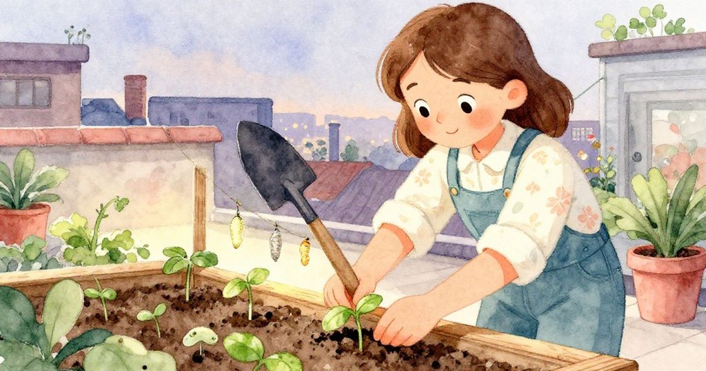 Carla夜色中小心拾起工具與掛在木欄上的細小繭，將番茄幼苗種下，故事在希望與延續中走向結尾