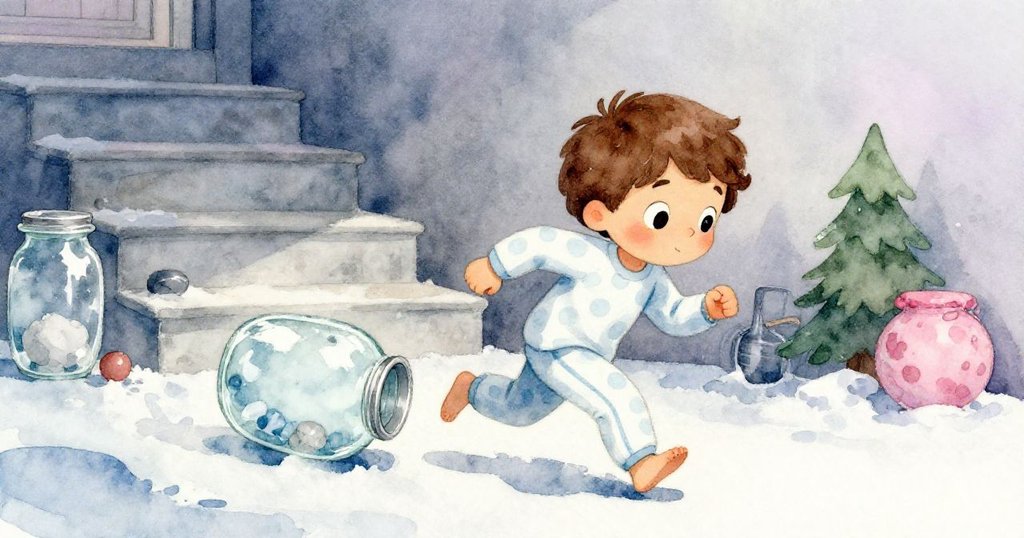 Leo急速追逐著滾落的玻璃罐穿過層次分明的樓梯,表情驚訝與堅定並存,展現迫切探索精神。