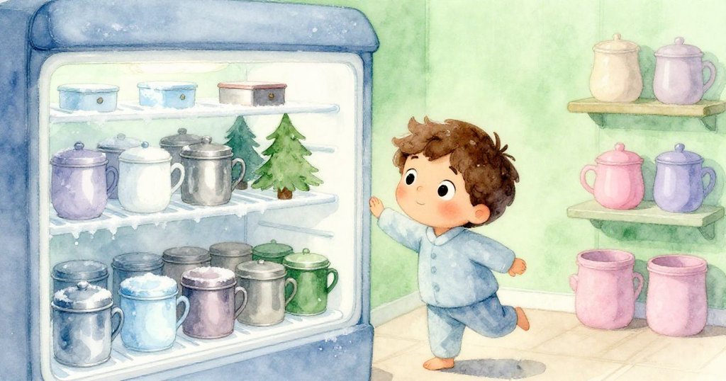 Leo走進綠光映照的冰凍室,仔細觀察內部整齊排列的小金屬罐,臉上流露出期待與驚奇的神情。