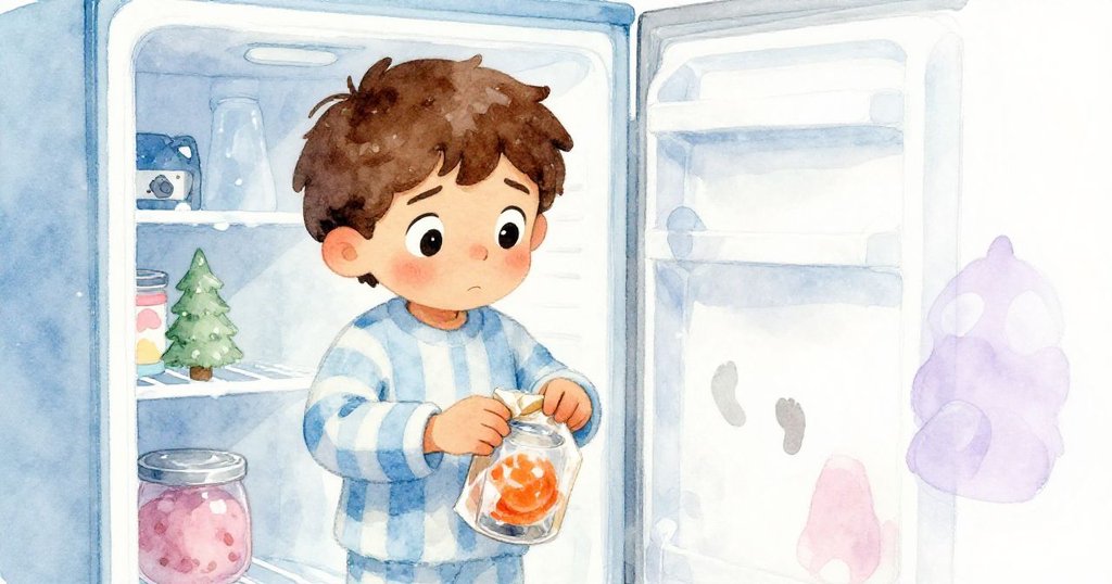 Leo在冰凍室仔細拆解冰霜覆蓋的包裝,驚訝地發現深橙色雪葩,臉上透露著緊張與期待的情緒。