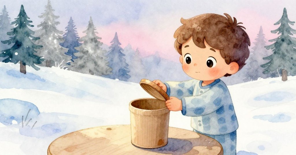 Leo靜立於桌旁,溫柔微笑望著木蓋與空酒桶,象徵冒險記憶化作平靜溫馨的內心成長。