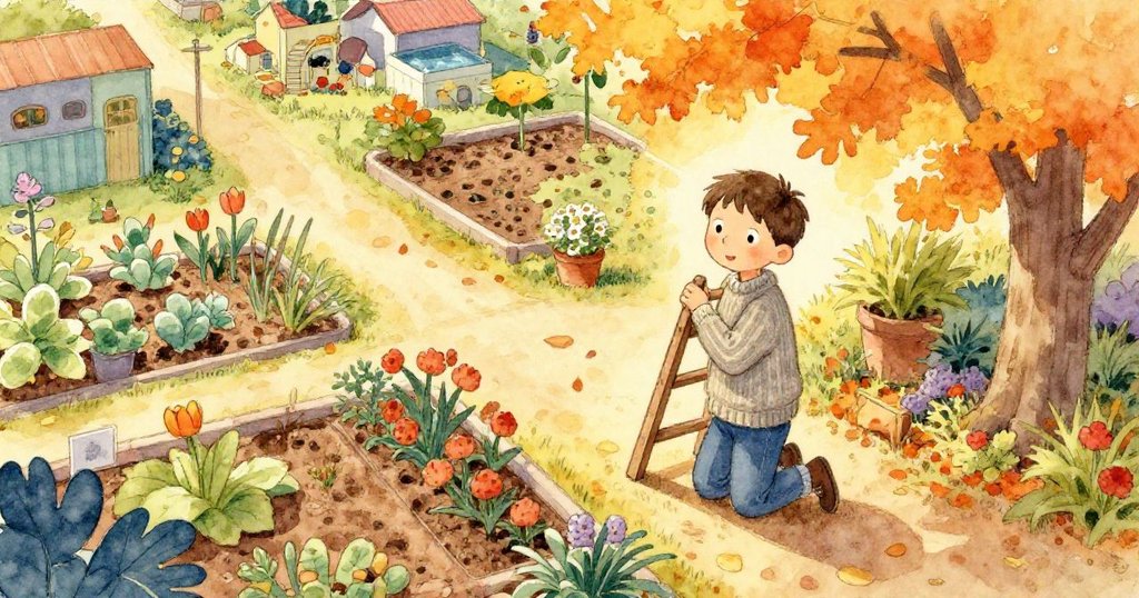 Marcus在秋天的社區花園前跪著準備爬梯，從空中俯瞰，環境豐富溫暖，展現故事開端的情景