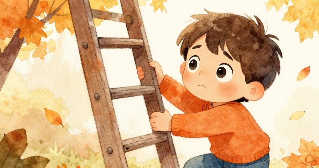 Marcus的眼睛特寫中閃爍著決心與擔憂，背景若隱若現秋天落葉，呈現情感和發展