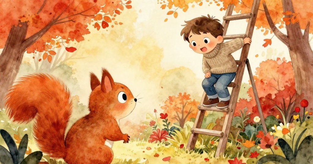從一隻好奇松鼠視角看見Marcus爬不穩的梯子，秋天花園溫暖色彩，展現他努力爬升，一派互動畫面