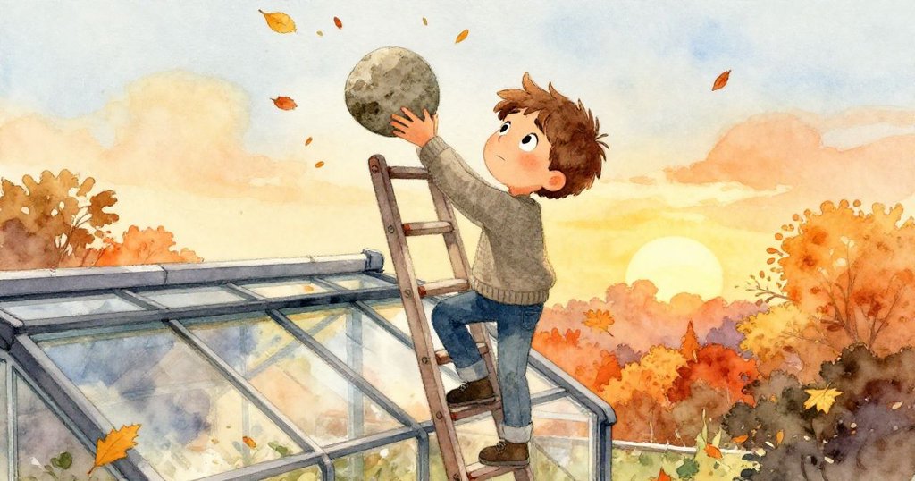 從溫室屋頂高處看，Marcus正調整晃動的梯子和修補石，周圍秋葉飄落，展現堅定的修整情景