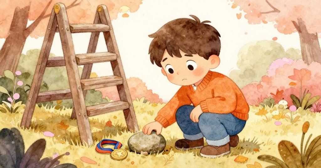 Marcus正蹲下謹慎檢查發現的石板與獎牌，決定穩固梯子，臉上流露專注與溫暖笑容，形成轉捩點