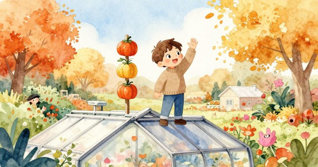 Marcus站在完成收成告示牌的溫室旁揮手告別，背景秋日花園溫暖柔和，展現故事結局與成就感