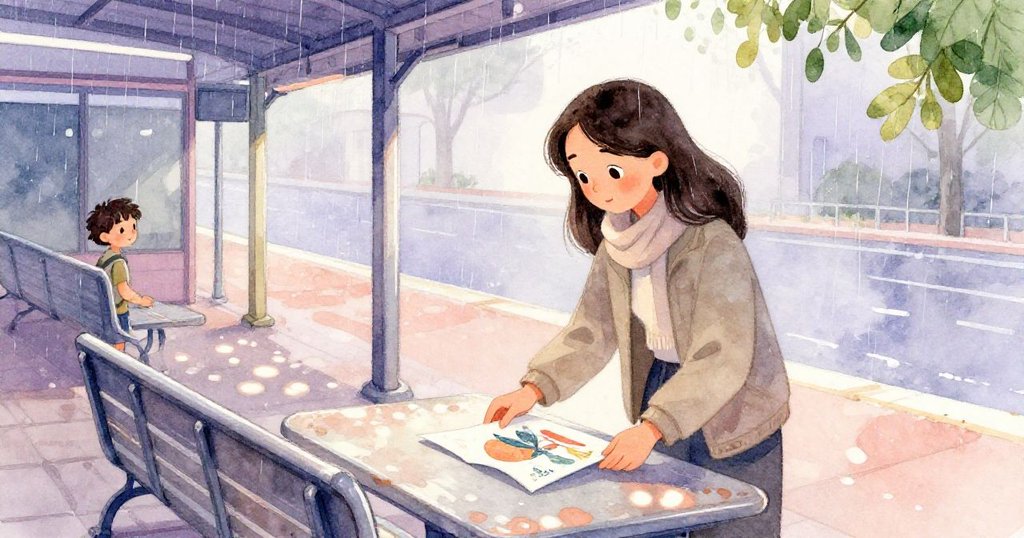 薩布麗娜在雨中將折疊海報輕放在桌上，背景有車站屋頂與鋼製座椅，表情專注，故事剛開始。