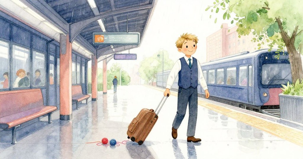 奧利弗踏進雨中的車站，拖著手提箱並解開彩色線束，腳步輕快，濕潤地面反映著雨滴。