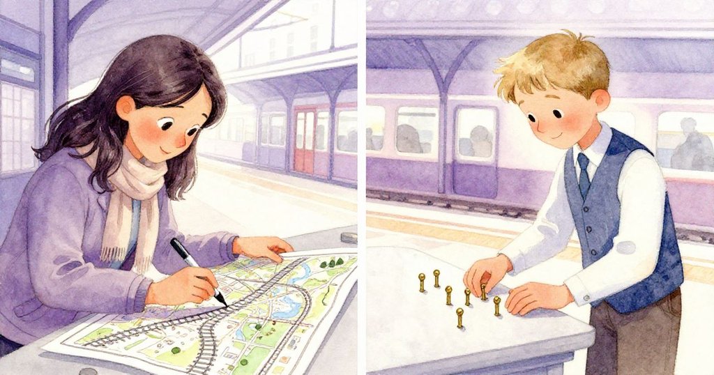 薩布麗娜用記號筆修正地圖，而奧利弗精心放置銅釘，兩人於桌前合作，畫面分割呈現創作過程。